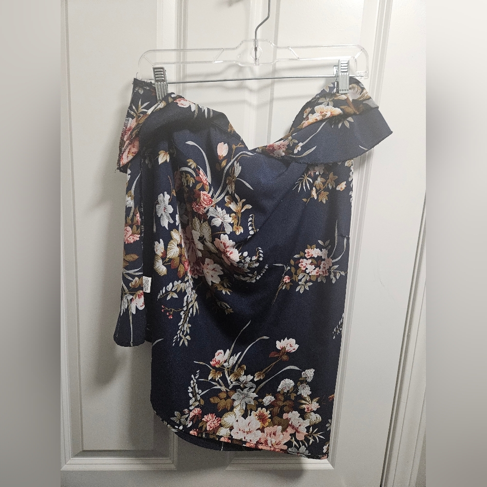 Floral Off-Shoulder Navy Blouse